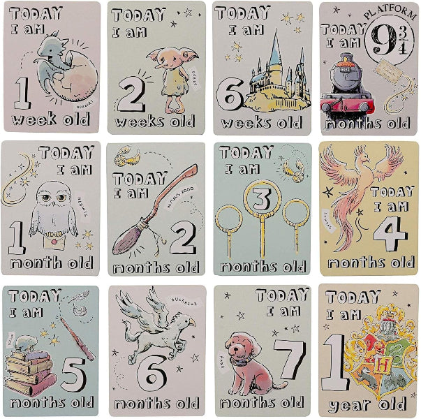 Set of 12 baby milestone cards with illustrations and text for each age from 1 week to 1 year.