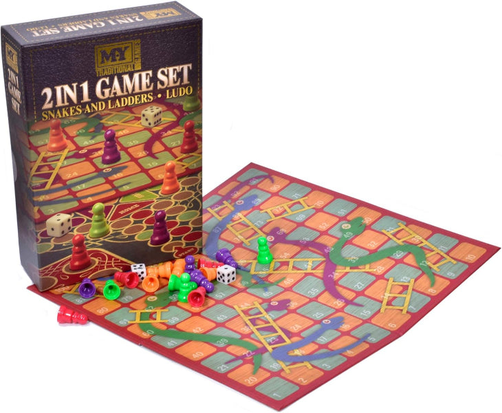 2-in-1 game set with snakes and ladders and Ludo on a colorful board, next to its packaging.