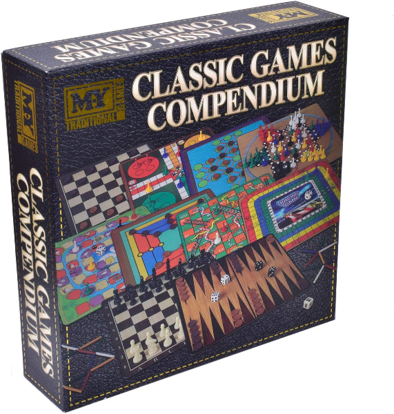 Box of Classic Games Compendium with game pieces and board illustrations on a white background
