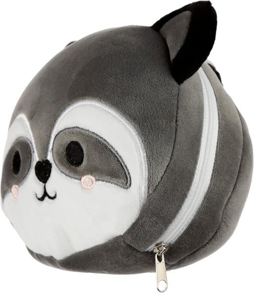 Plush raccoon-shaped pouch with a zipper on a white background