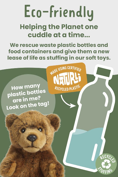 Eco-friendly teddy bear with recycling information on a green background