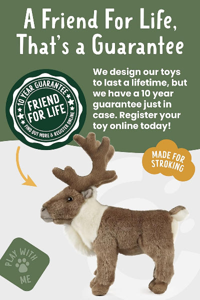 Plush reindeer toy with promotional text and graphics on a green and white background