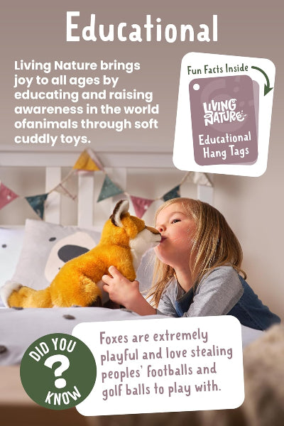 Child playing with a plush fox toy in a bedroom setting, with educational text about foxes.