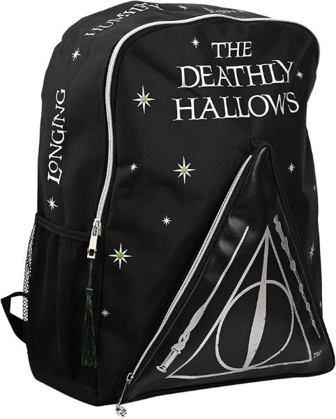 Black backpack with 'The Deathly Hallows' text and symbols on a white background