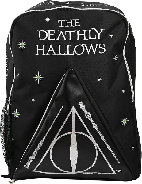 Black backpack with 'The Deathly Hallows' text and symbol on a white background