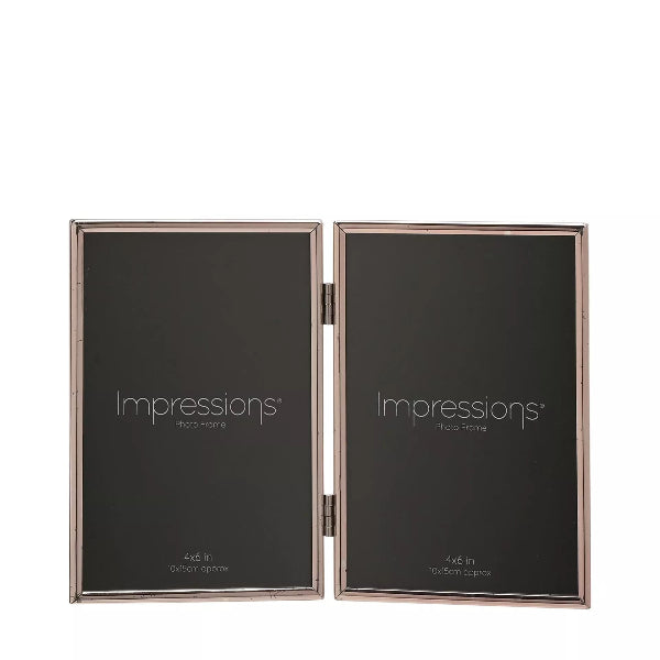 Two black photo frames with rose gold accents on a white background, branded 'Impressions'.