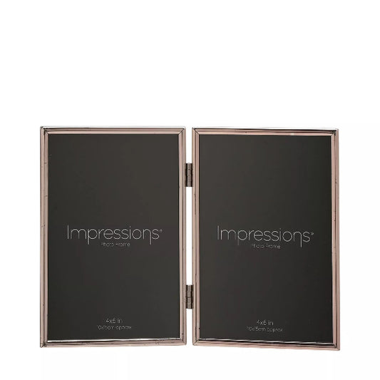 Two black photo frames with rose gold accents on a white background, branded 'Impressions'.