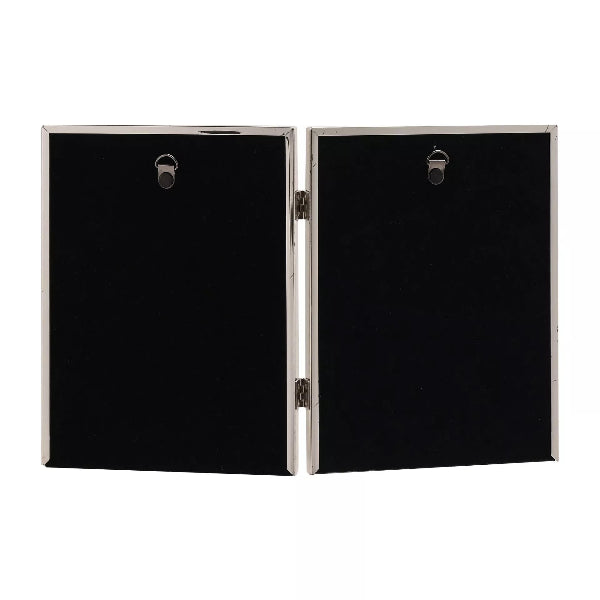 Black rectangular object with metallic edges on a white background