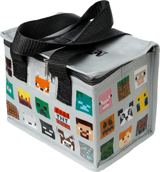 Lunch bag with pixelated designs on a white background