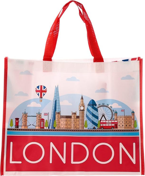 Tote bag with London skyline design and red handles on a white background
