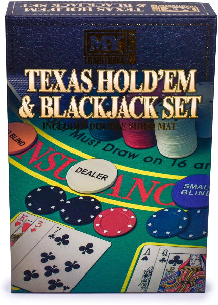 Card game set packaging for Texas Hold'em and Blackjack with poker chips and cards on a blue background.