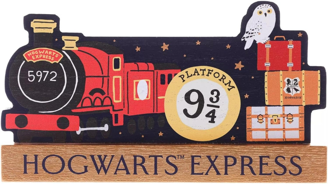 Decorative sign of Hogwarts Express with Platform 9 3/4 and owl on a black background