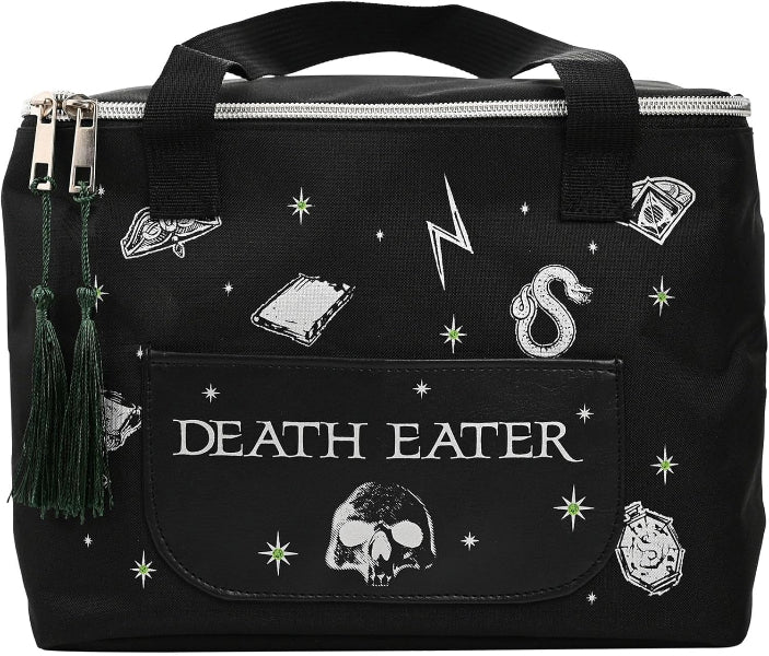 Black bag with 'Death Eater' text and various symbols on a dark background