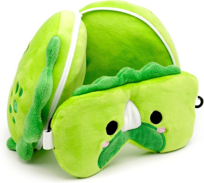 Green plush dinosaur eye mask with a matching pouch on a white background