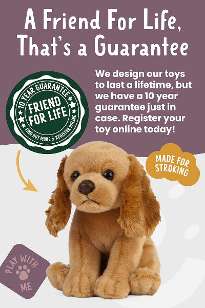 Stuffed dog toy with promotional text about a 10-year guarantee and registration on a white background.