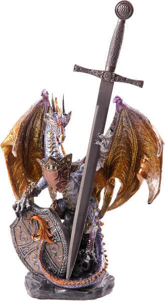 Decorative figurine of a dragon holding a sword on a white background