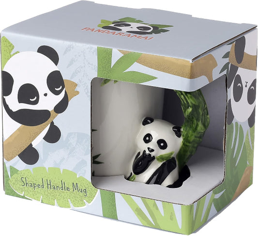 Panda-shaped handle mug in a decorative box with panda illustrations.