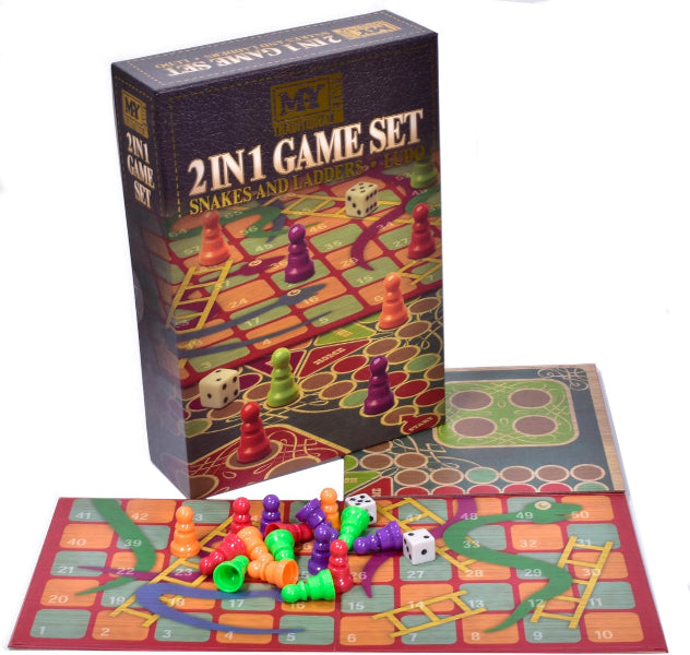 2-in-1 game set with snakes and ladders and other components on a white background