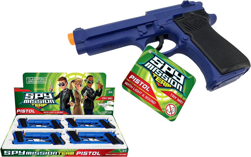 Toy pistol with packaging labeled 'Spy Mission' on a white background