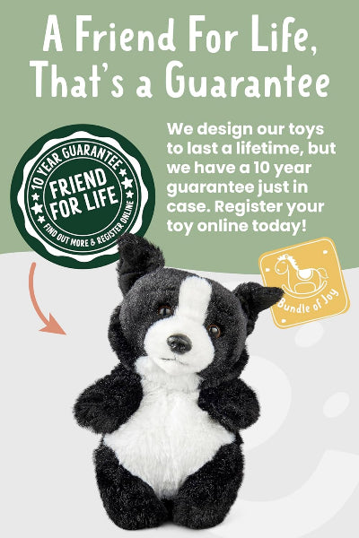 Stuffed animal with a 10-year guarantee label on a light green background