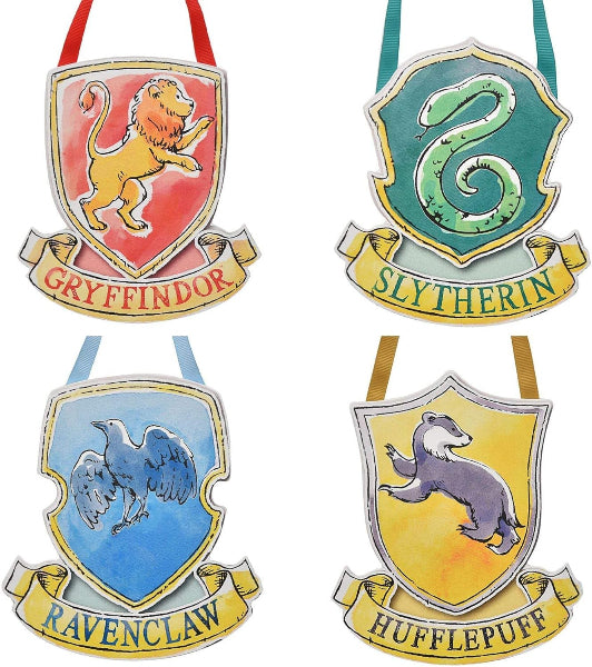 Four Hogwarts house emblems with their respective symbols and names.