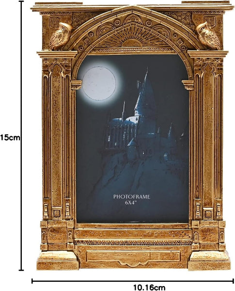 Decorative photo frame with intricate design and dimensions shown.