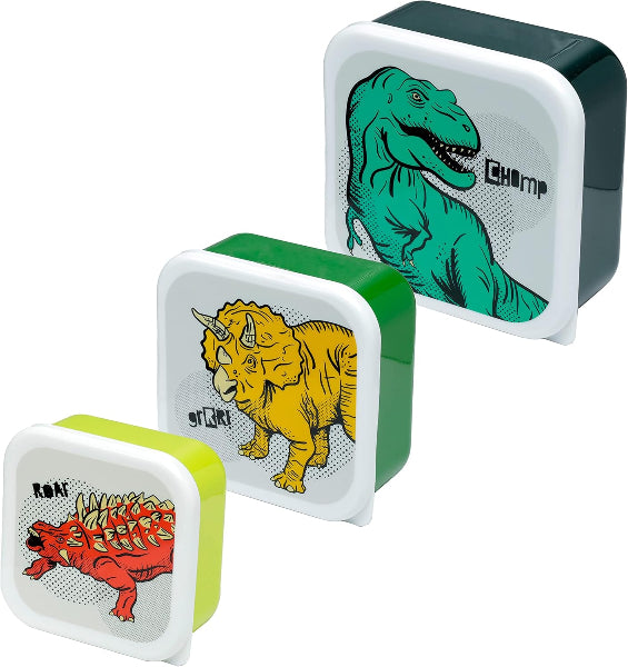 Three small rectangular containers with dinosaur illustrations on a white background