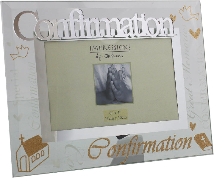 Decorative photo frame with 'Confirmation' text and religious symbols on a white background