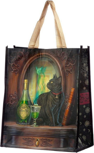 Reusable shopping bag with a black cat, bottle, and glass design on a white background