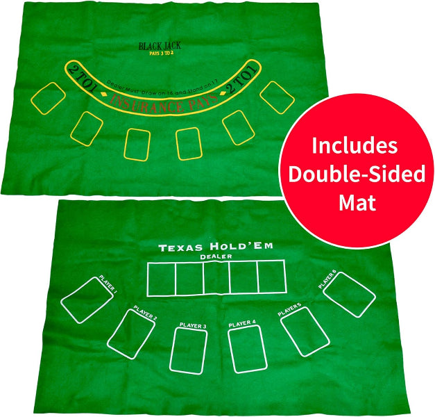 Two green mats with card game layouts on a white background, labeled for Blackjack and Texas Hold'em.