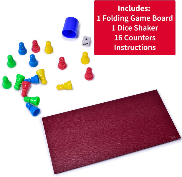 Game components including a folding game board, dice shaker, and colorful counters on a white background.