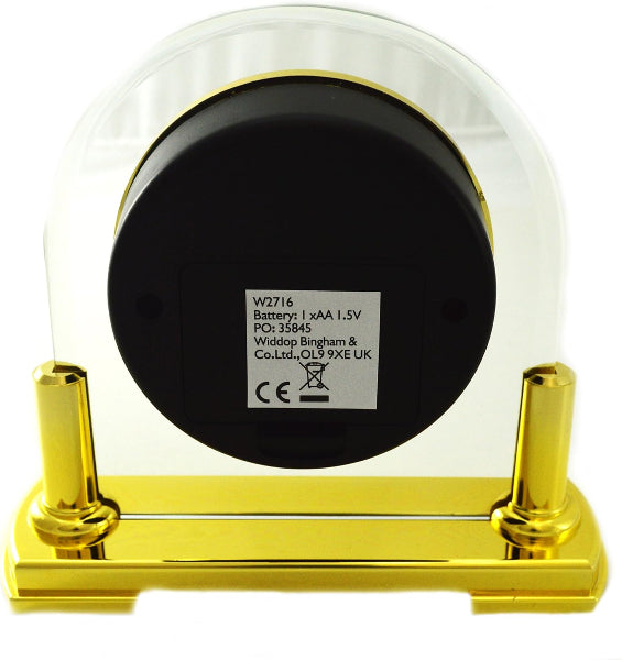 Round black object with label on a gold stand against a white background