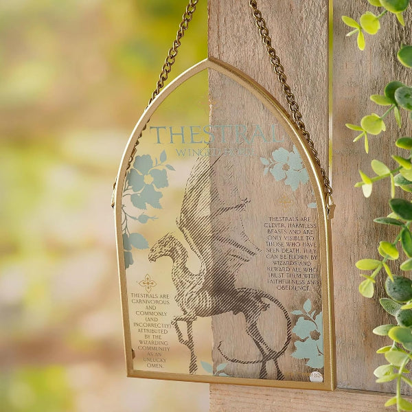 Decorative wall hanging with a gold frame featuring a dragon illustration and text on a wooden surface with plants.