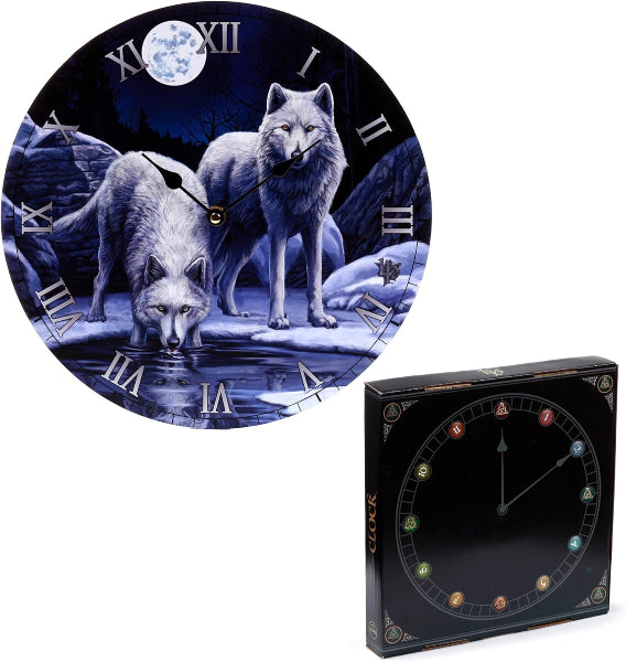 Wall clock with wolf design and packaging on a white background
