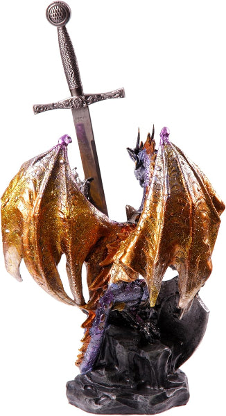 Dragon figurine with a sword on a white background
