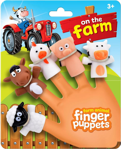 Set of farm animal finger puppets on a packaging with 'On the Farm' branding.