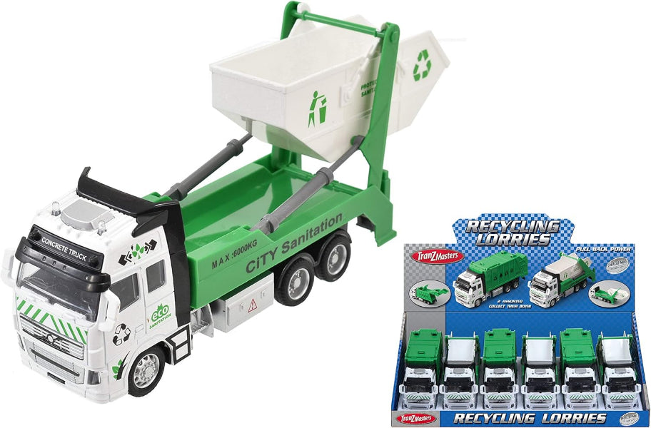 A toy recycling lorry set shown on a white background, with one large assembled truck and a retail display box containing five smaller matching trucks. The truck is white and green with recycling graphics and the words 'City Sanitation' and 'Recycling Lorries.