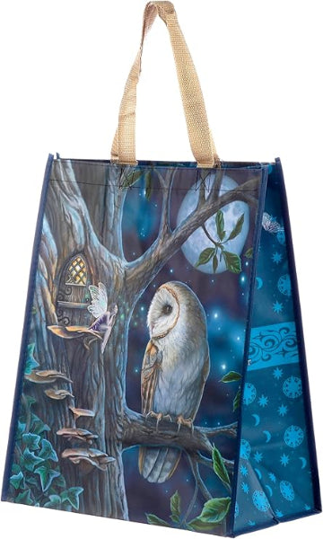 Tote bag with owl design featuring a tree, owl, and moon on a blue background.