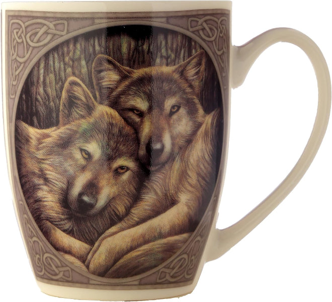 Mug with artwork of two wolves embracing on a white background