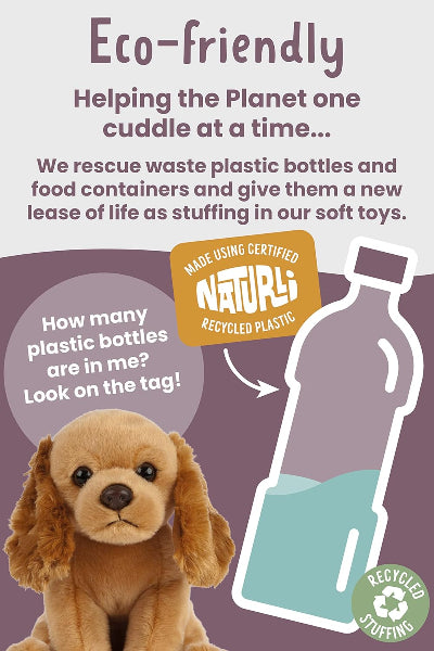 Eco-friendly stuffed animal made from recycled plastic bottles with text on a purple background.