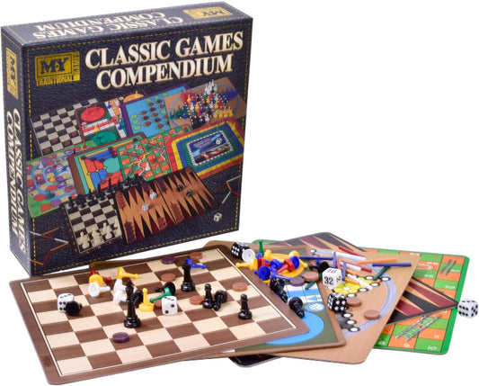 Board game set with pieces and a box labeled 'Classic Games Compendium' on a white background