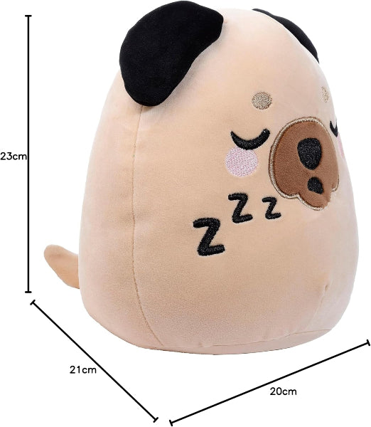 Plush dog toy with sleeping expression and measurements on a white background