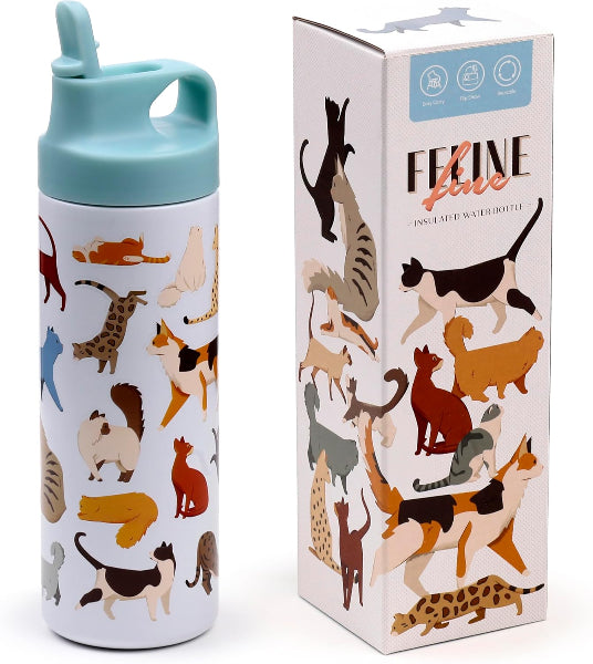 Innovetik Feline Fine water bottle with cat illustrations and packaging on a white background