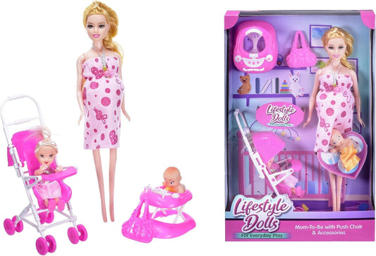 Barbie doll set with baby dolls, stroller, and walker in front of packaging