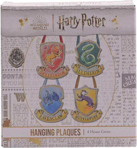 Box of Harry Potter Hanging Plaques with four house crests on a decorative background.