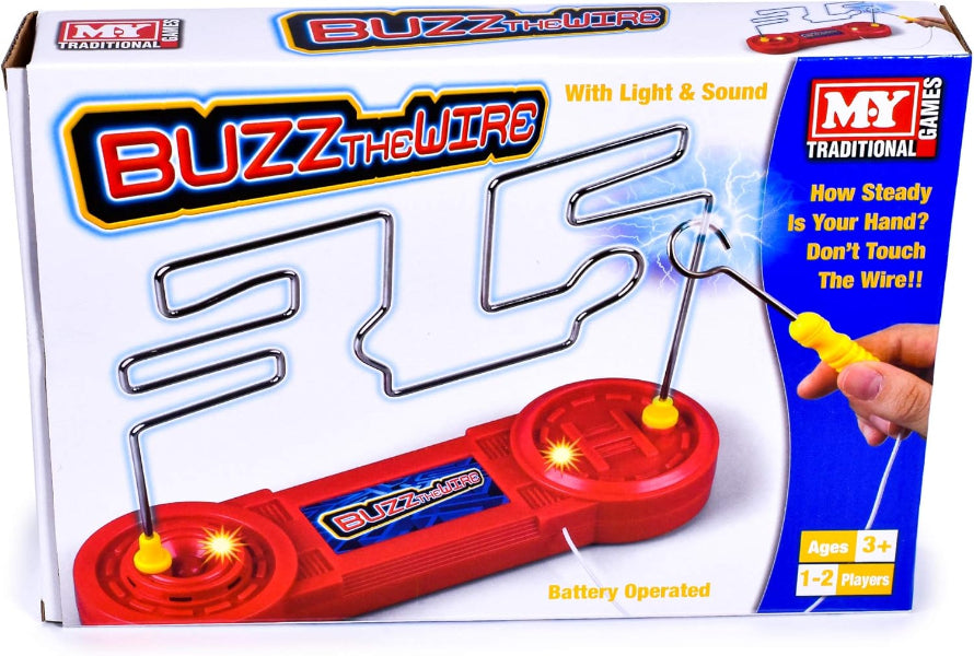 Box of Buzz the Wire game by MX Traditional with red maze and metal wires.