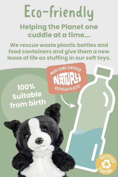 Plush dog toy made from recycled plastic bottles with text about eco-friendliness on a green background.