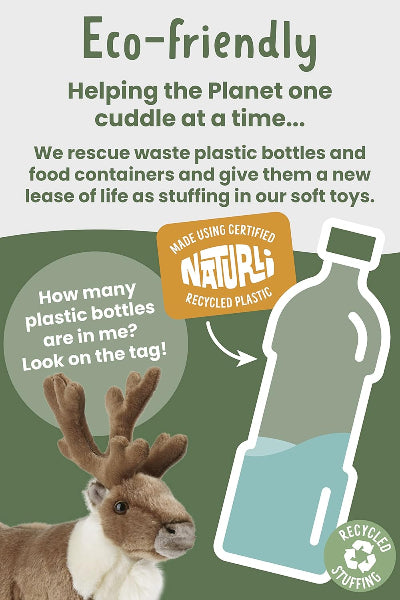 Eco-friendly stuffed reindeer toy with text about recycling plastic bottles into toys on a green background.
