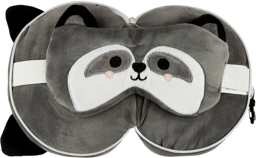 Gray raccoon-shaped travel pillow with a matching eye mask on a white background