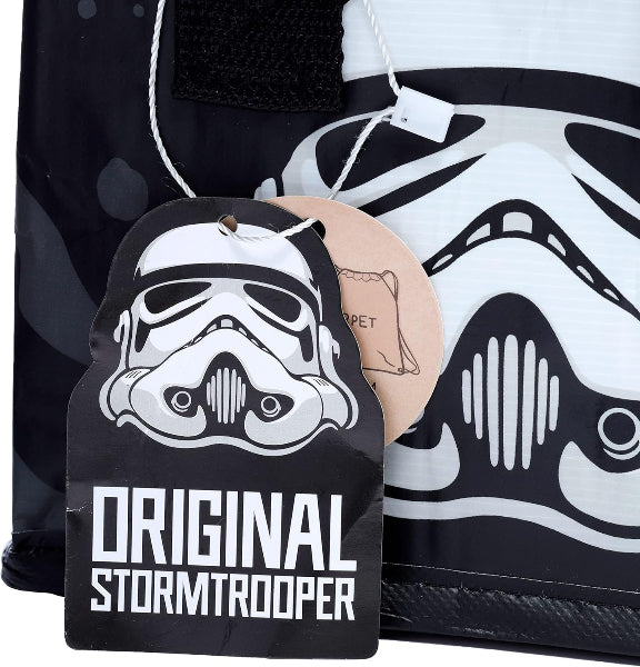 Stormtrooper mask with 'Original Stormtrooper' tag and helmet in the background